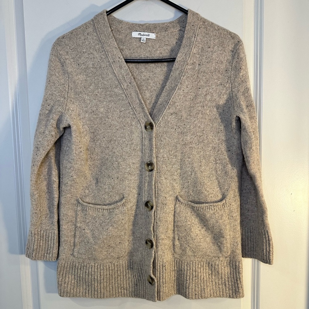 Madewell Tan Neutral Speckled Merino Wool Button Up Cardigan, size XS